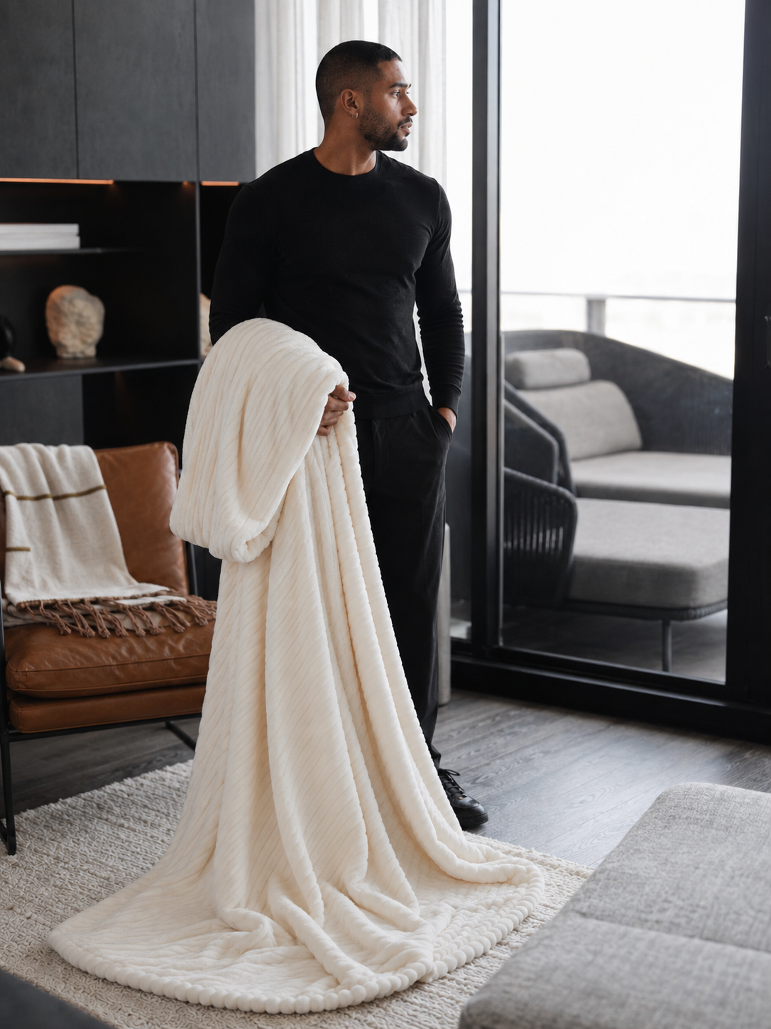 17. MoraNest Milky White blanket - woman standing with blanket