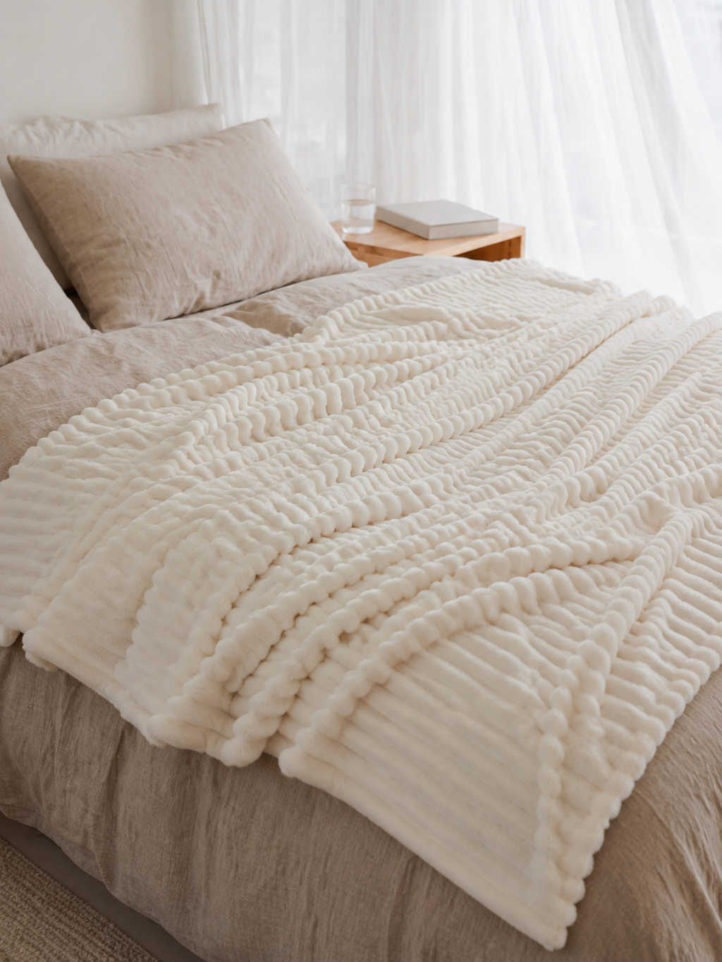 16. MoraNest Milky White blanket - texture view on bed