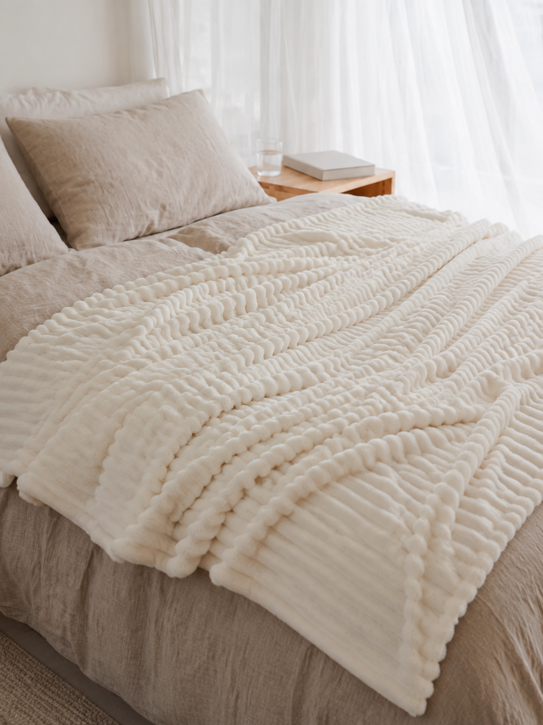 16. MoraNest Milky White blanket - texture view on bed